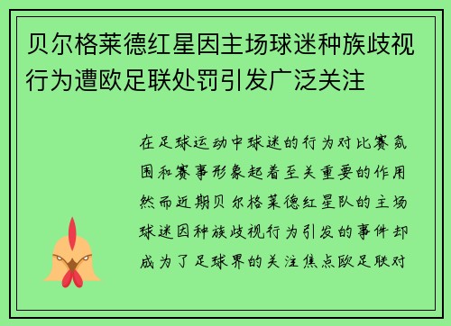 贝尔格莱德红星因主场球迷种族歧视行为遭欧足联处罚引发广泛关注